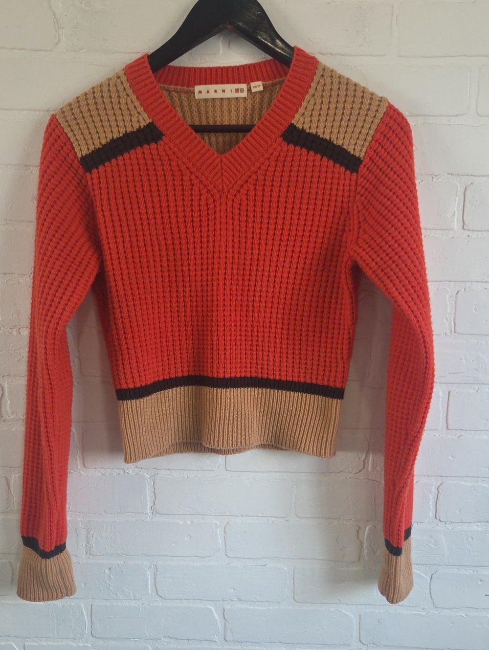 Marni X Uniqlo Orange V-Neck Knit Sweater with Tan Accents